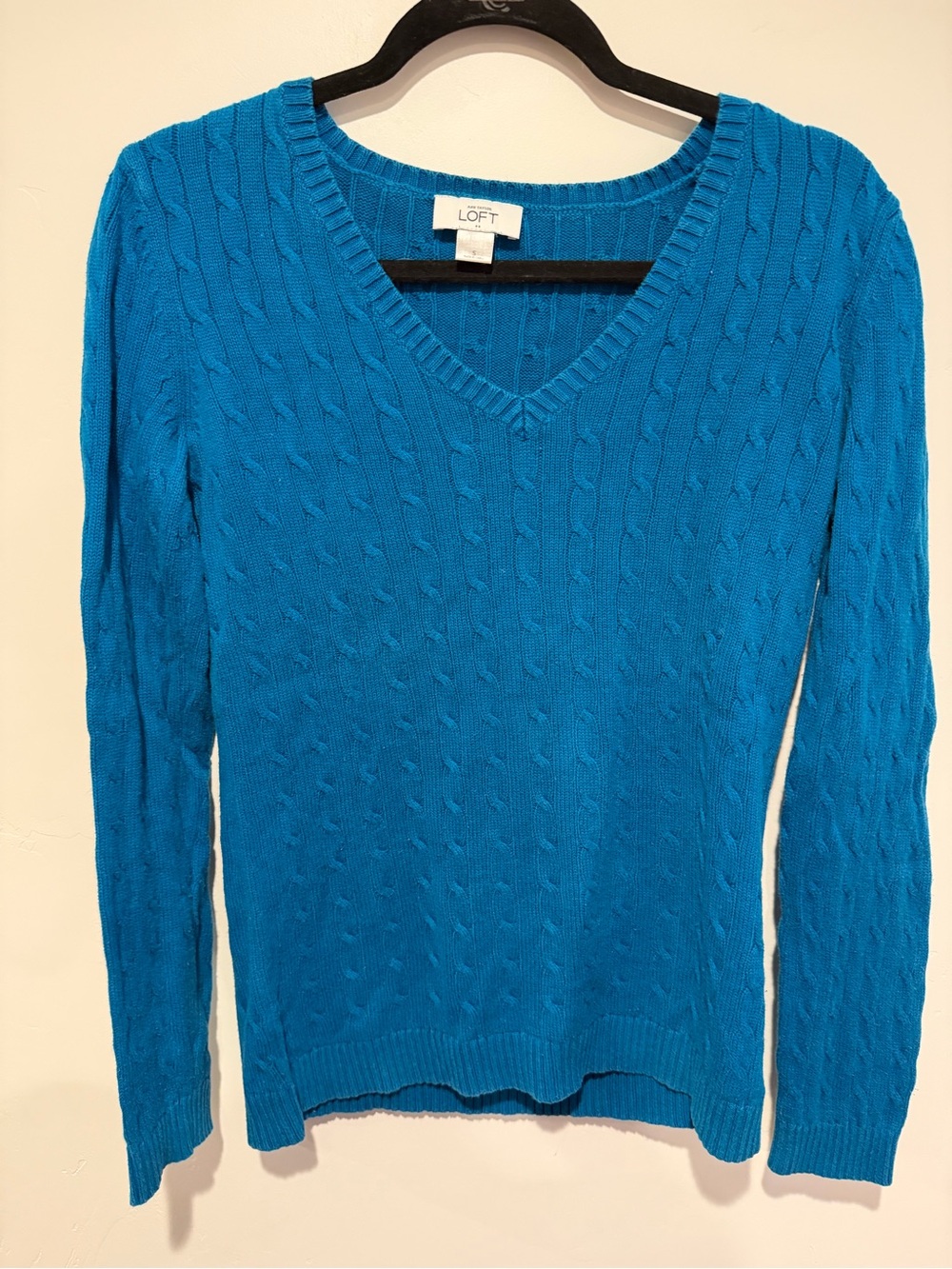 LOFT Women's V-Neck Cable Knit Sweater - Teal Blue